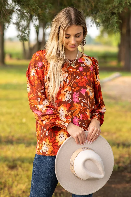 Burnt Orange and Pink Floral Smocked Cuff Top