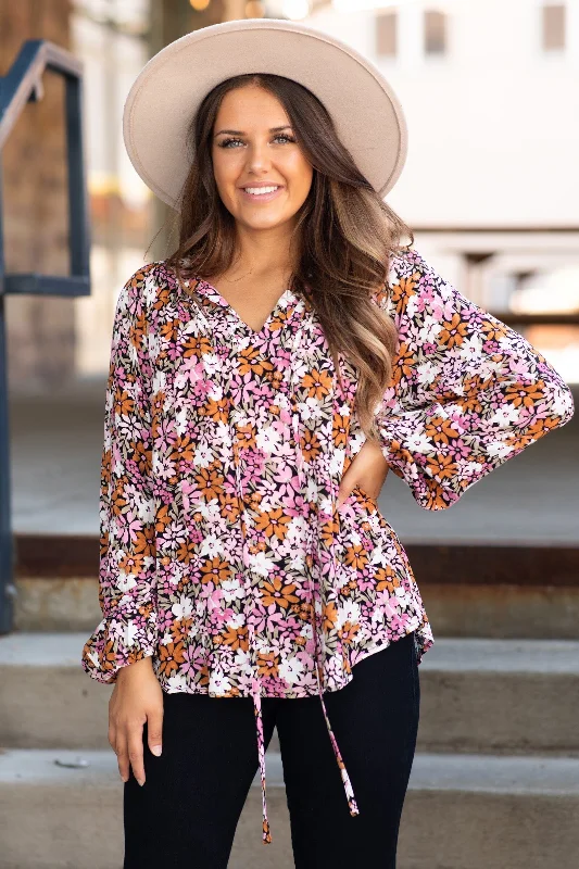 Burnt Orange Multicolor Floral Print Top