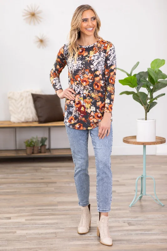 Charcoal and Orange Floral Print Top