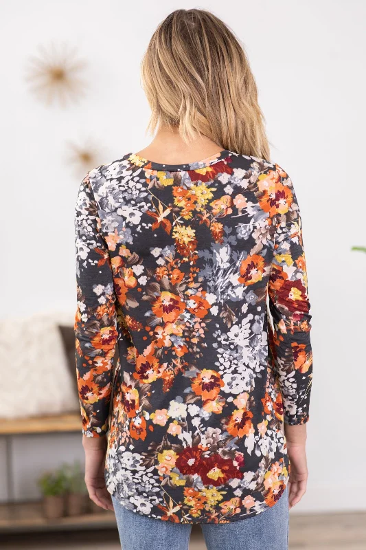 Charcoal and Orange Floral Print Top