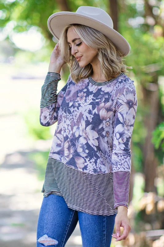 Charcoal Floral and Stripe Top