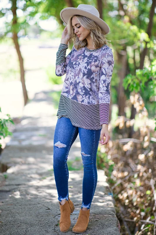 Charcoal Floral and Stripe Top