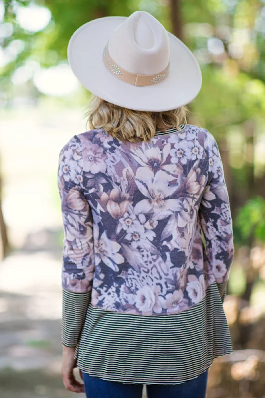 Charcoal Floral and Stripe Top