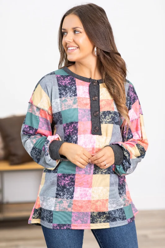 Charcoal Multicolor Acid Wash Plaid Print Top