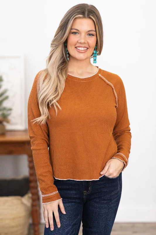 Cinnamon Waffle Knit Top With Ruffle Cuff