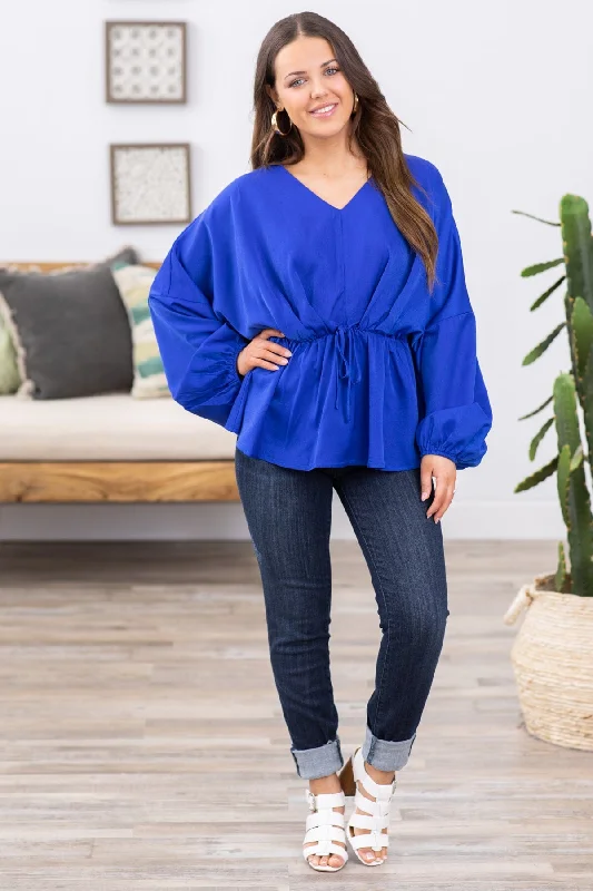 Cobalt V-Neck Peplum Top With Tie Detail