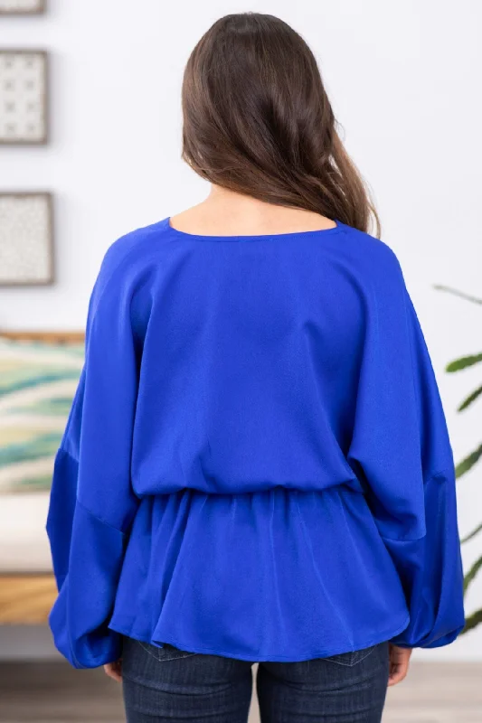 Cobalt V-Neck Peplum Top With Tie Detail