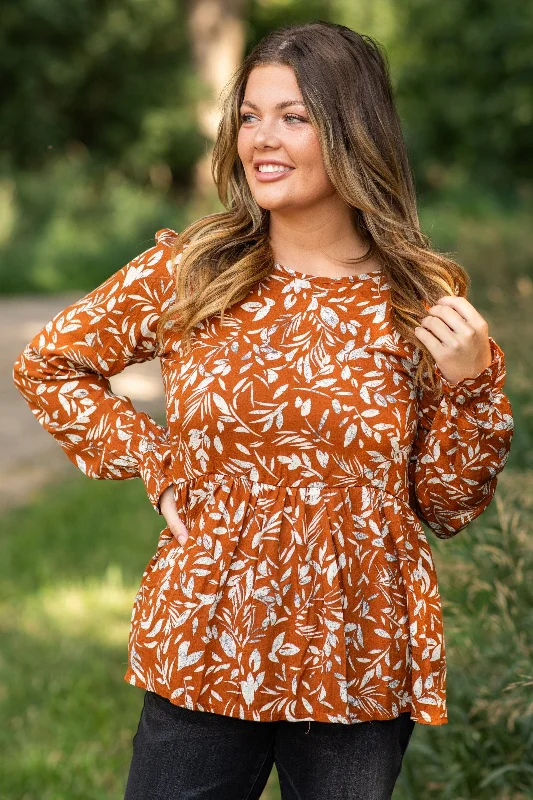 Cognac Drop Waist Leaf Print Top