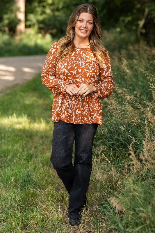 Cognac Drop Waist Leaf Print Top