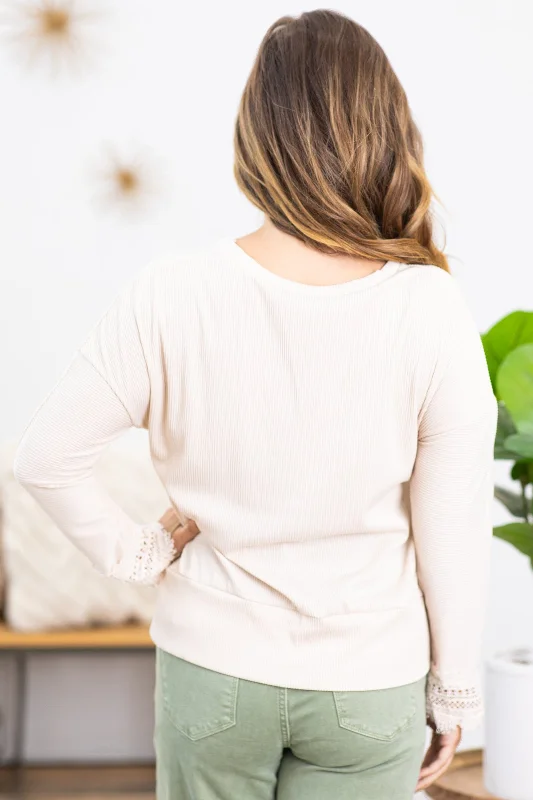 Cream Scalloped Crochet Trim V-Neck Top