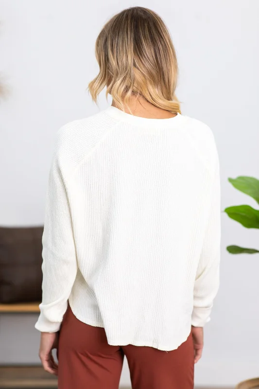 Cream Washed Waffle Knit Henley Top