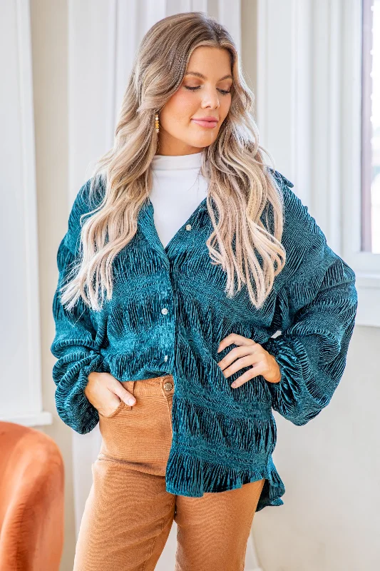 Dark Teal Velvet Button Up Top