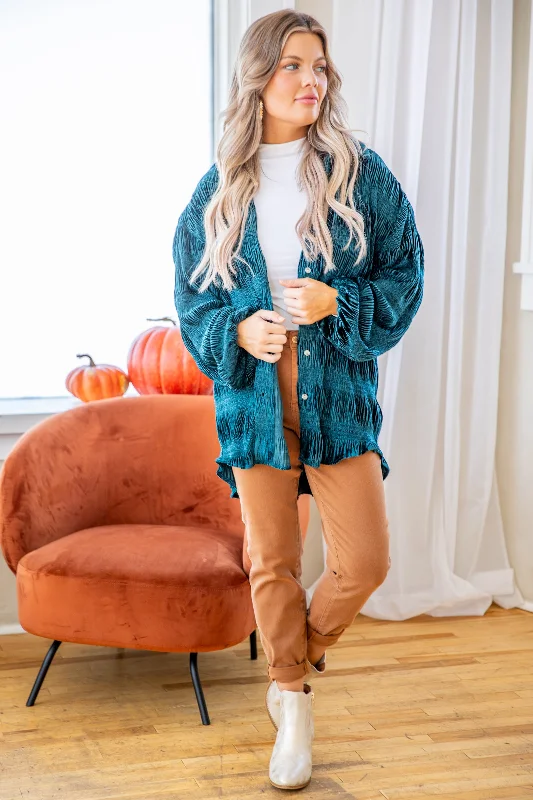 Dark Teal Velvet Button Up Top