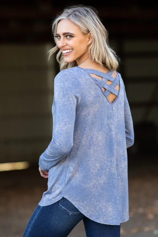 Dusty Blue Acid Wash Long Sleeve Top