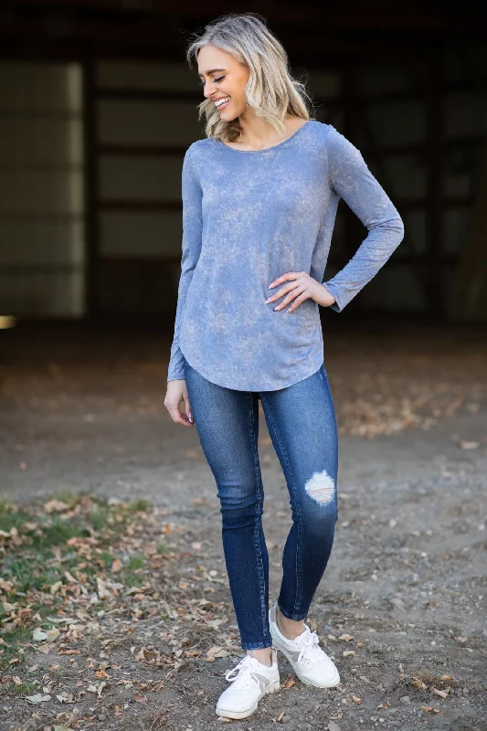 Dusty Blue Acid Wash Long Sleeve Top