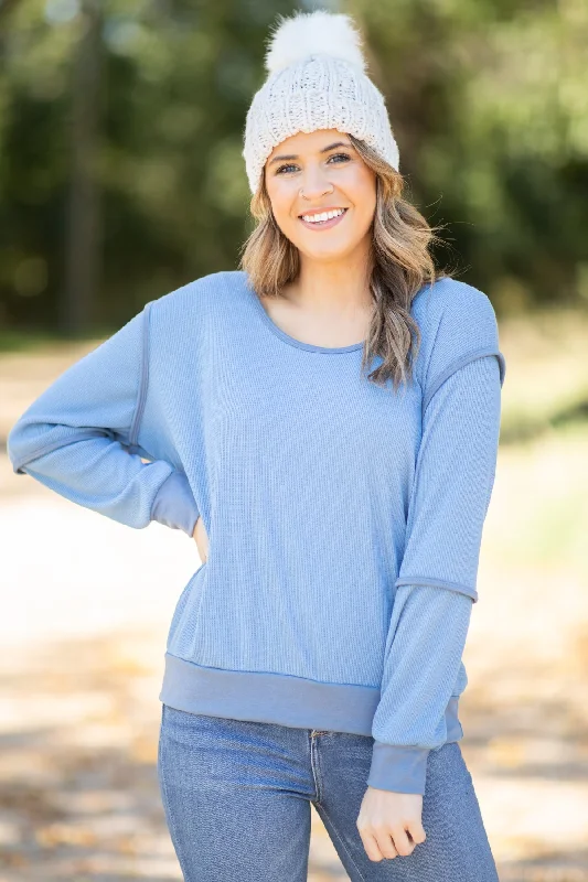 Dusty Blue Reverse Seam Detail Top