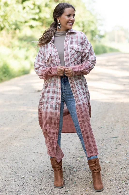 Dusty Rose Ombre Long Plaid Button Up Top