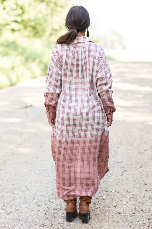 Dusty Rose Ombre Long Plaid Button Up Top