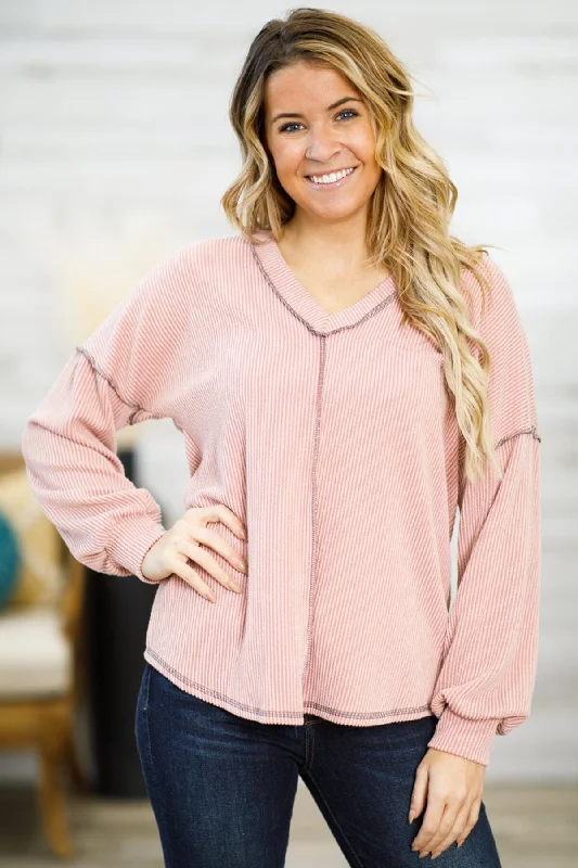 Dusty Rose V-Neck Rib Knit Drop Shoulder Top