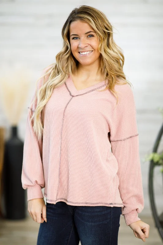 Dusty Rose V-Neck Rib Knit Drop Shoulder Top