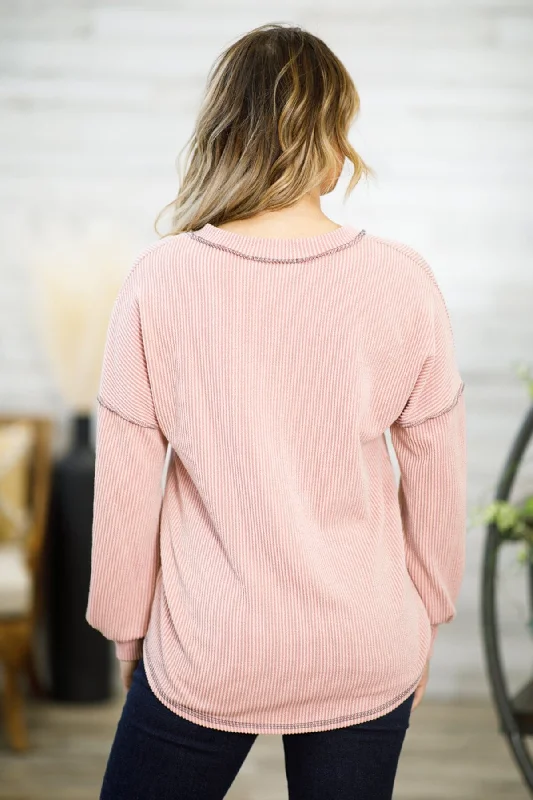 Dusty Rose V-Neck Rib Knit Drop Shoulder Top