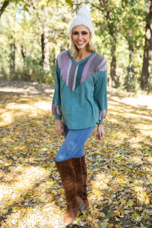 Emerald Green and Mauve Colorblock Chevron Top