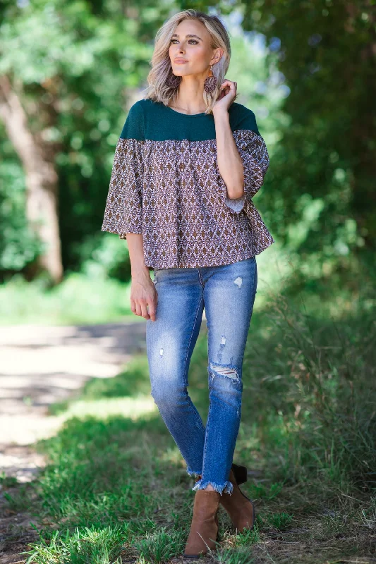 Emerald Green Boho Print Bell Sleeve Top