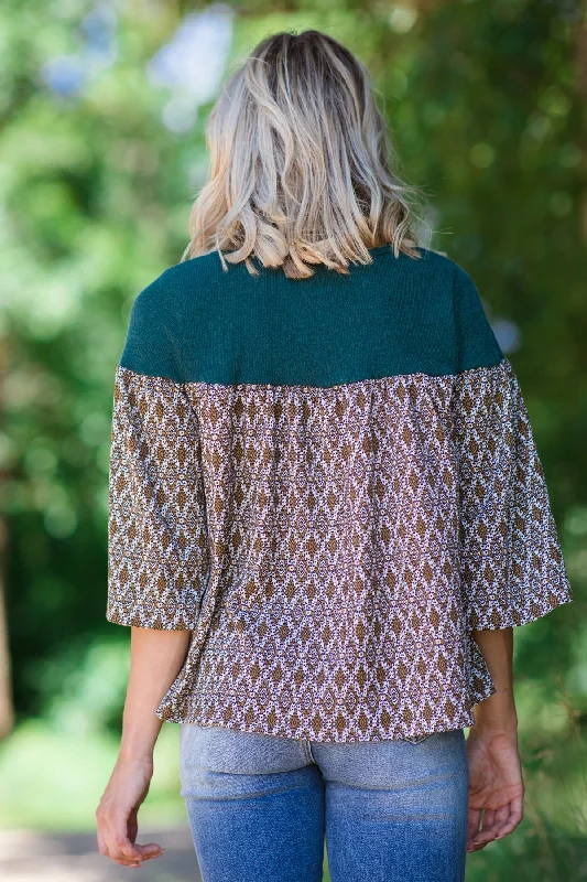 Emerald Green Boho Print Bell Sleeve Top