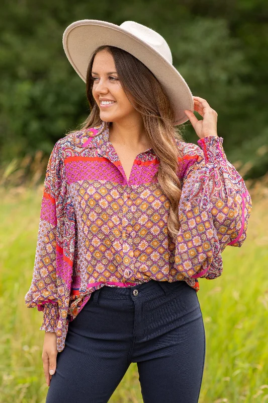 Fuchsia and Mustard Geometric Print Top