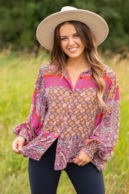 Fuchsia and Mustard Geometric Print Top