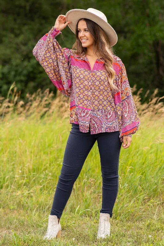 Fuchsia and Mustard Geometric Print Top