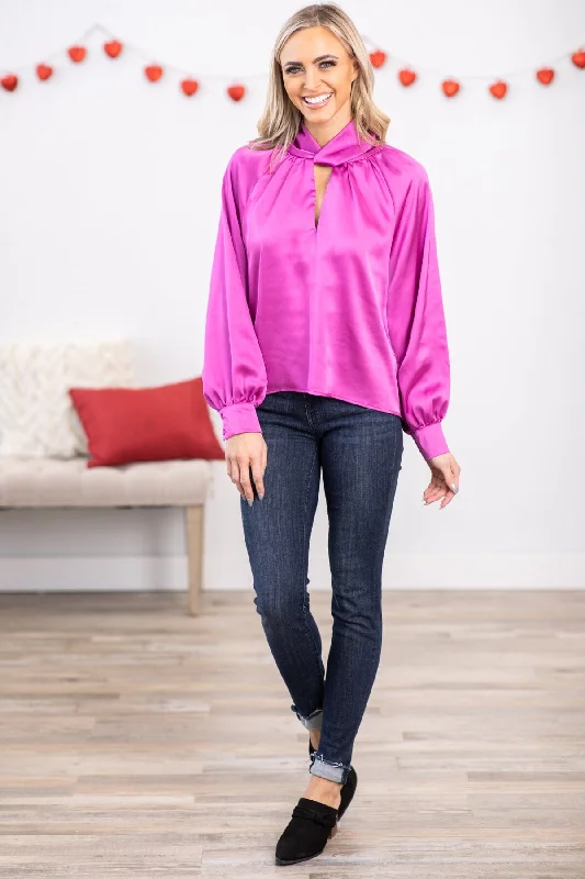 Fuchsia Mock Neck Top With Keyhole