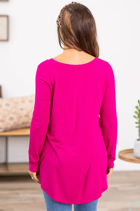 Fuchsia V-Neck Dolphin Hem Basic Top