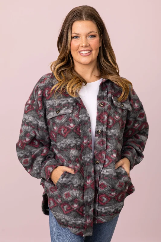 Grey and Wine Aztec Print Shacket