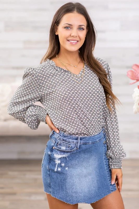 Grey Geometric Print Smocked Cuff Top