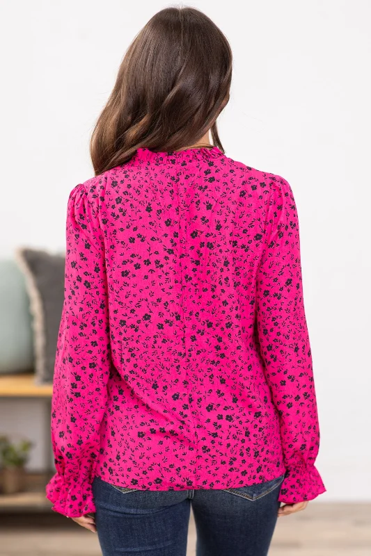 Hot Pink and Black Ditsy Floral Print Top