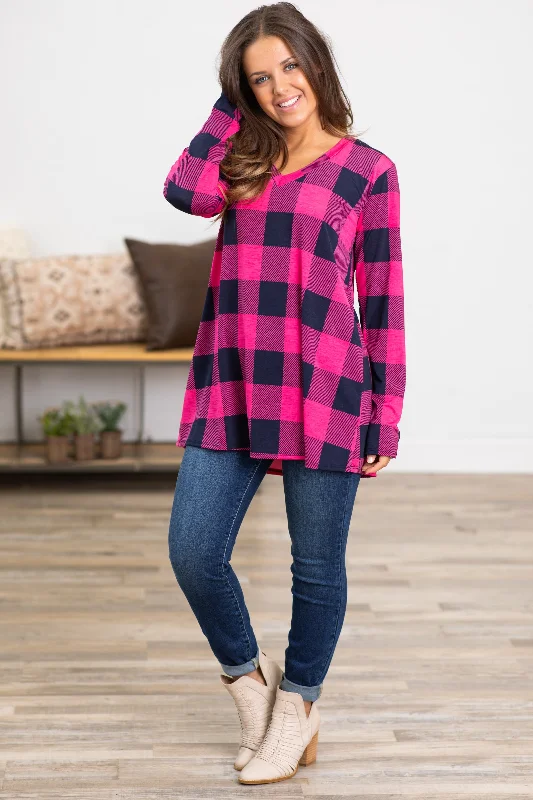 Hot Pink and Navy Plaid V-Neck Top