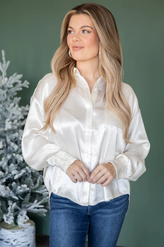 Ivory Satin Button Up Top