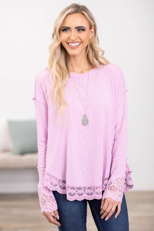 Lavender Lace Trim Drop Shoulder Top