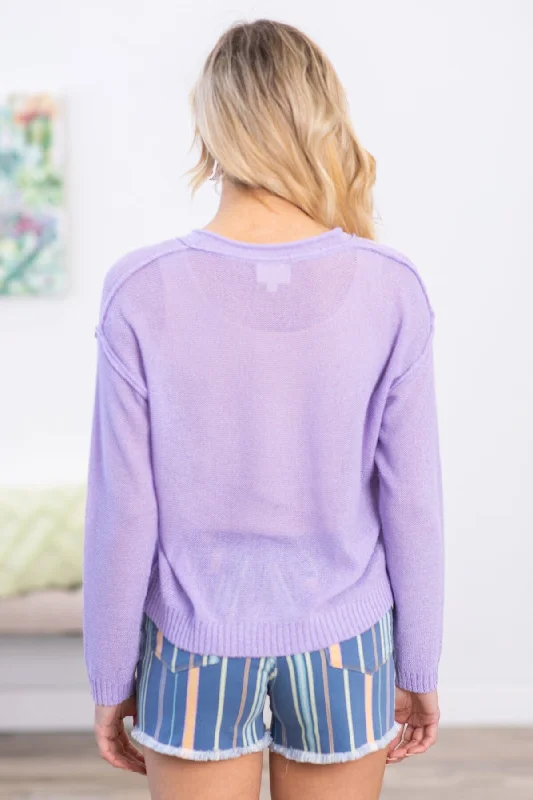 Lavender Raw Edge Drop Shoulder Henley Sweater