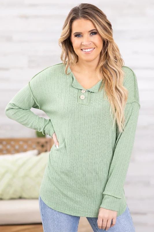 Light Green Drop Shoulder Top With Buttons