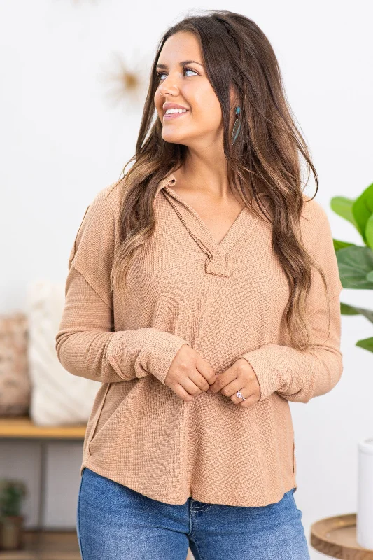 Light Mocha V-Neck With Collar Detail