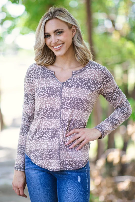 Mauve and Dusty Rose Stripe Animal Print Top