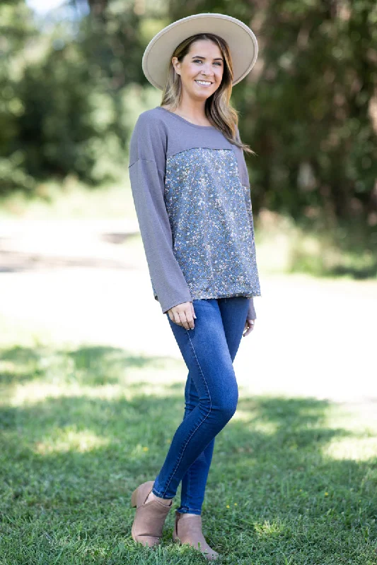 Mocha and Dusty Blue Floral Print Top