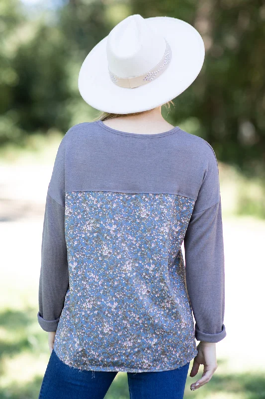 Mocha and Dusty Blue Floral Print Top