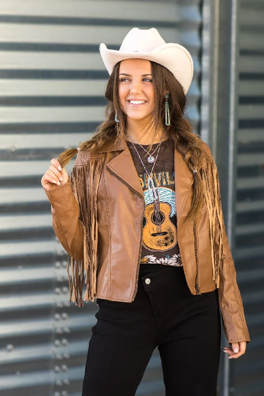 Mocha Faux Leather Jacket With Fringe