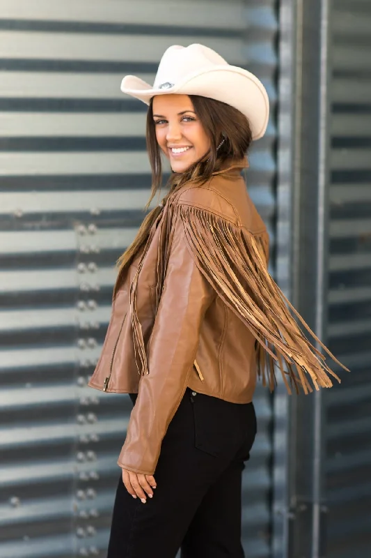 Mocha Faux Leather Jacket With Fringe