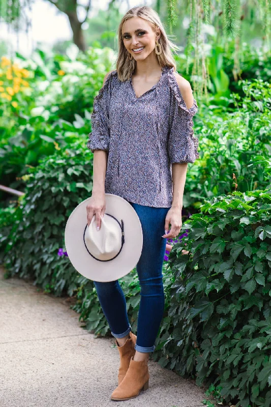 Mocha Multicolor Ditsy Floral Cold Shoulder Top