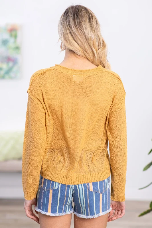 Mustard Raw Edge Drop Shoulder Henley Sweater