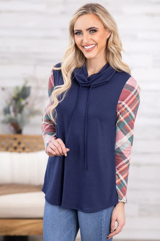 Navy Multicolor Plaid Sleeve Cowl Neck Top